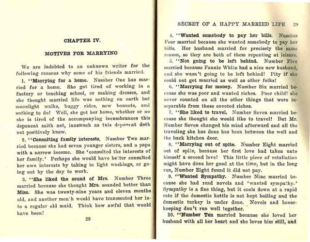 Motives For Marrying from The Secret of a Happy Married Life by Mrs Julia A Shelhamer from God's Bible School and Revivalist Cincinnati, Ohio Eight Edition 50,000 (date unknown)