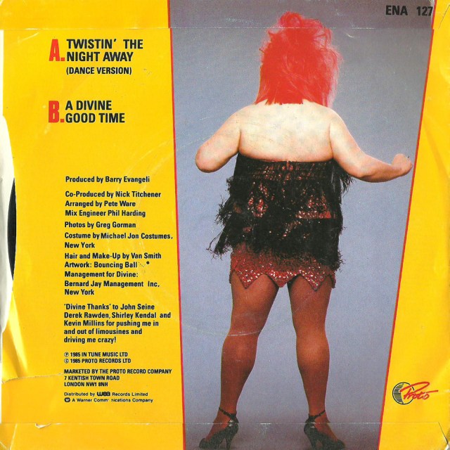 'Twistin' The Night Away' back of single by Divine 1985 In Tune Music Ltd and Photo Records Ltd