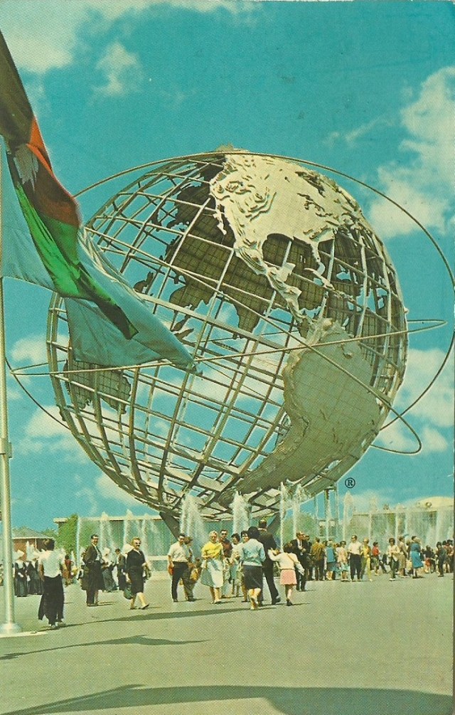 Unisphere New York World's Fair 1964-1965 Post Cards by Dexter, West Nyack, N.Y  The Unisphere is the theme symbol of the Fair.  Its top is 140 feet above ground level and the glove is 120 feet in diamter with an open grid of latitudes and longitudes supporting the land masses.  The reflecting pool beneath is 310 feet in diameter.  It dramatizes the interrelation of the peoples of the world and their yearning for 'Peace through Understanding'