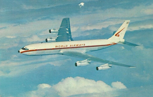 World Airways' Boeing intercontinental 707C fan jets- the largest, most advanced aircraft in service today.  Designed with features to provide the ultimate in passenger comfort.  Equiped with fan jet engines allowing cruising altitudes up to 41,000 feet for calm, weatherless comfort with speeds of 600 miles per hour