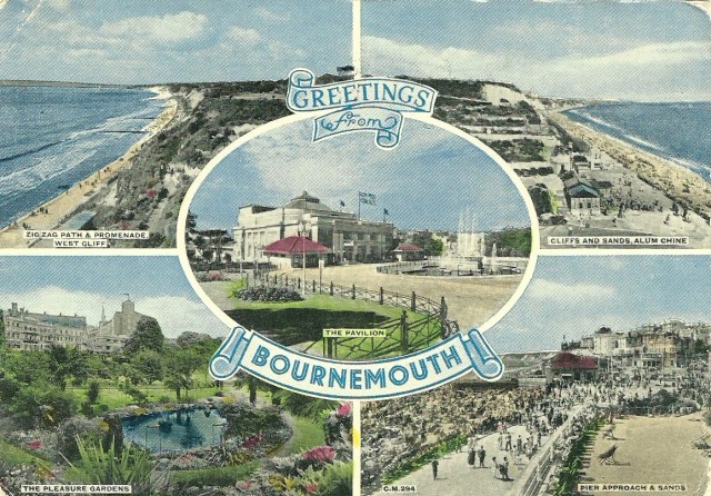 Dear Popsy we arrved 6.30 we spent the day touring it was lovely the weather is grand.  S is much about the same she sends her love Amy Les and Bernard 1956 Bournmouth copyright Sunray Continental Color Series published by Thunder & Clayden