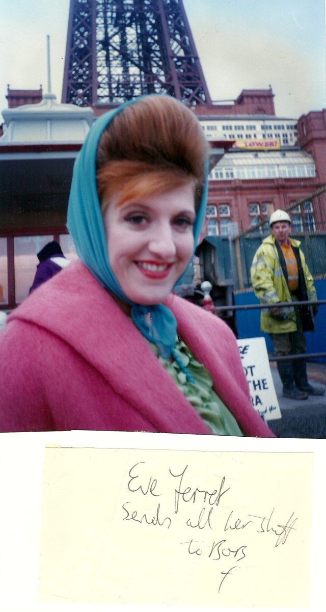 Eve Ferret UK Films-TV-Actress Blackpool Golden Mile on a movie location February 1996 Photograph copyright of Robert McDougall