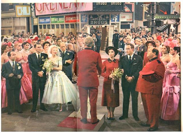 The double wedding Marlon Brando, Jean Simmons, Frank Sinatra, Vivian Blaine in Times Square from Guys and Dolls from Picturegoer Film Annual 1956-57