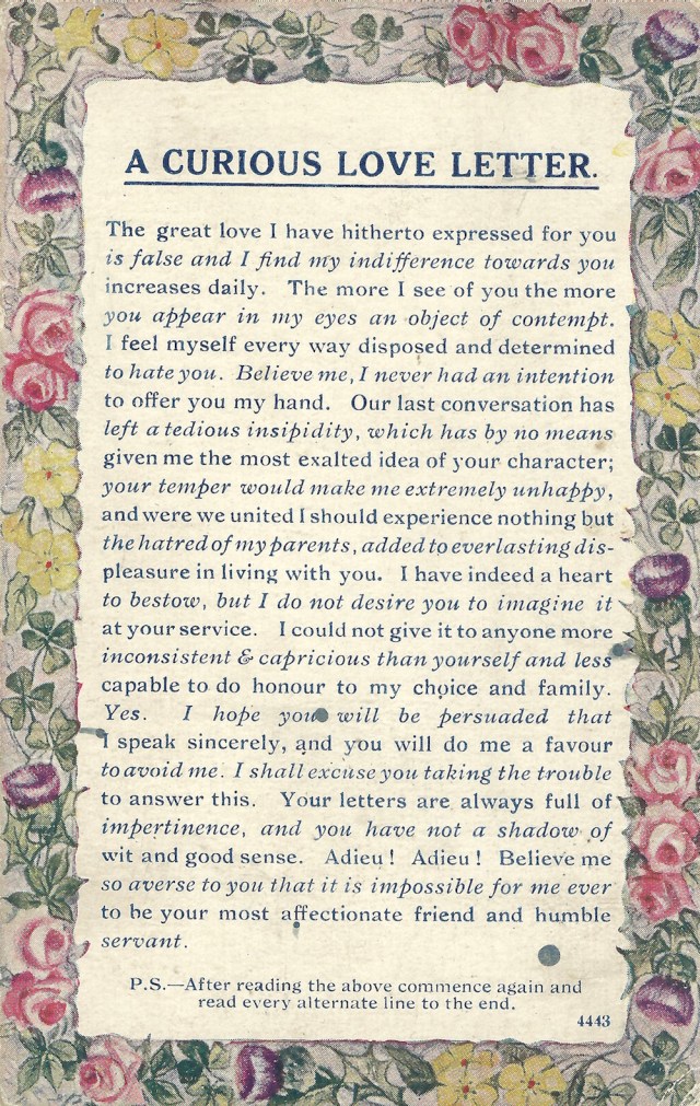 A Curious Love Letter undated unmarked on the back