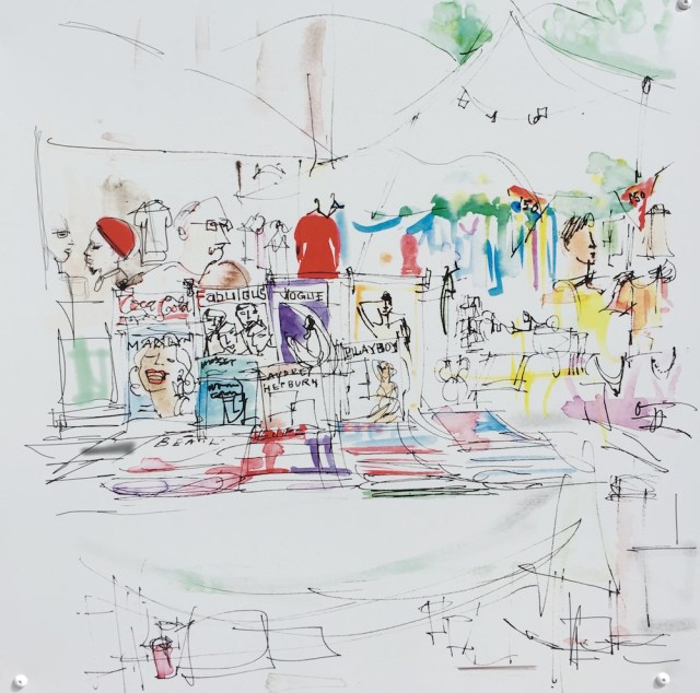 Quick sketch of Cliff under the Westway by Fiona Hawthorne hanging on the wall up the Portobello Road