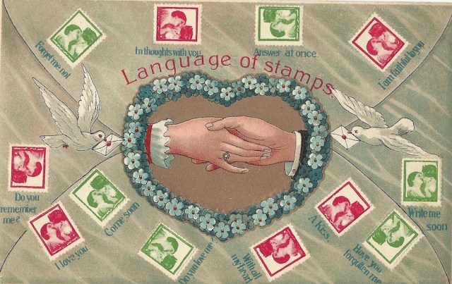 Language of Stamps unmarked embossed postcard The Alpha Series Processed in Switzerland