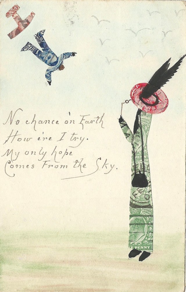 Stamp Montage postcard 'don't you think these cards are good made of stamps thought the words good ...love Enid' to Tooting Common no date