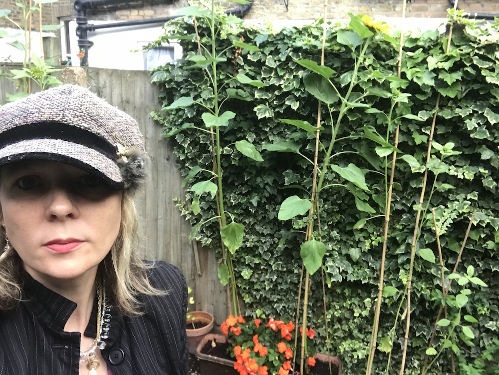 Lettie waiting for her sunflowers August 2019