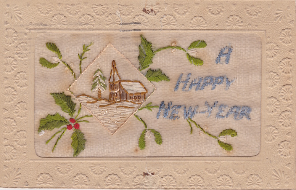 Hand woven Carte Postal sent 6.15pm on 31 December to Mrs Campbell in Edinburgh